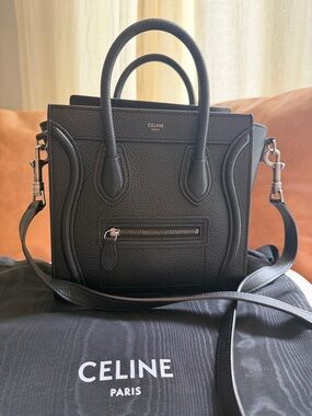 Celine Nano Luggage Tote Top Handle Black Drummed Leather | Crossbody